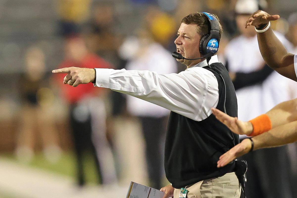Southern Miss Golden Eagles head coach Will Hall instructs his offense from the sideline during the game between Southern Miss and UTEP at Hancock M.M. Roberts Stadium, Hattiesburg, MS, October 9, 2021.
