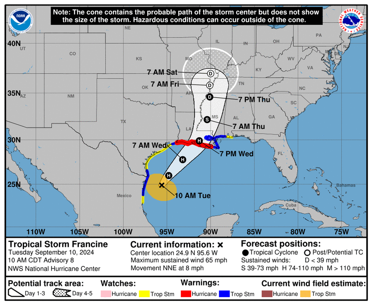 Tropical Storm Francine shifted slightly east by 10 a.m. Tuesday. The storm is expected to make landfall on the Louisiana coast. The Mississippi Coast is now under a tropical storm warning.
