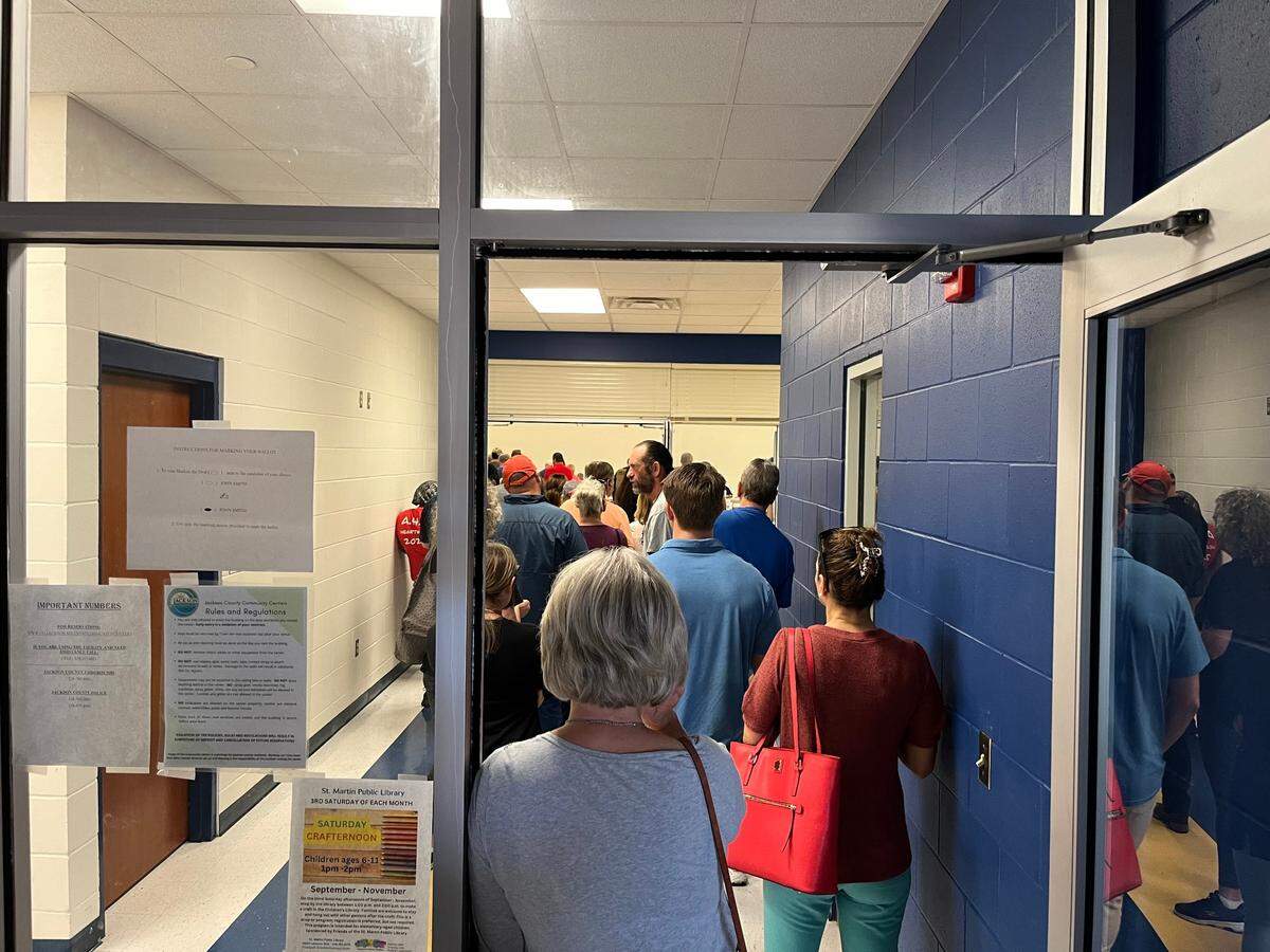 It took early morning voters nearly an hour to get through the line Tuesday, Nov. 5, 2024, at the West Jackson County Safe Room in Gulf Hills, Mississippi.