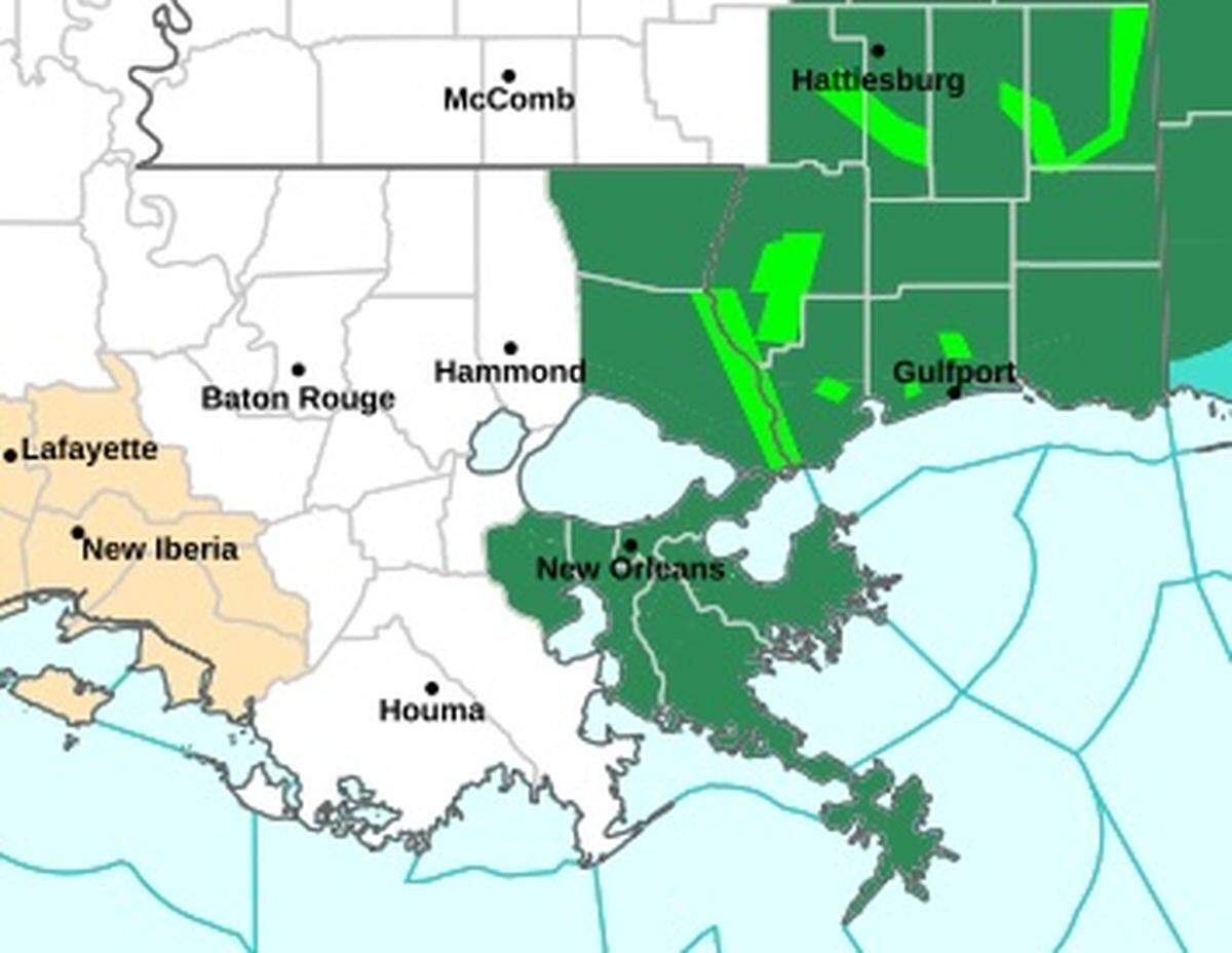 Flood warnings were updated Tuesday morning, with light green areas under a flood warning, while dark green areas are under a flood watch.