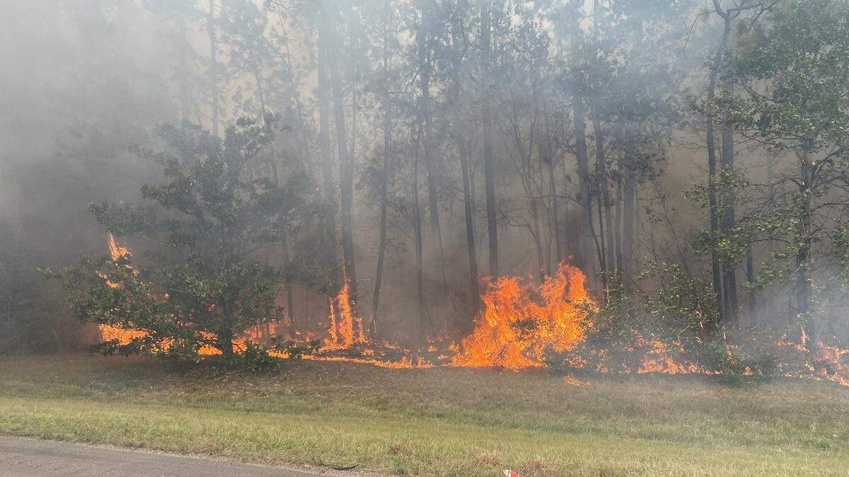 A large grass fire burns at the 2 mile-marker on I-10 in Hancock County on Friday, Aug. 10, 2023. The Interstate has been shut down for safety reasons.