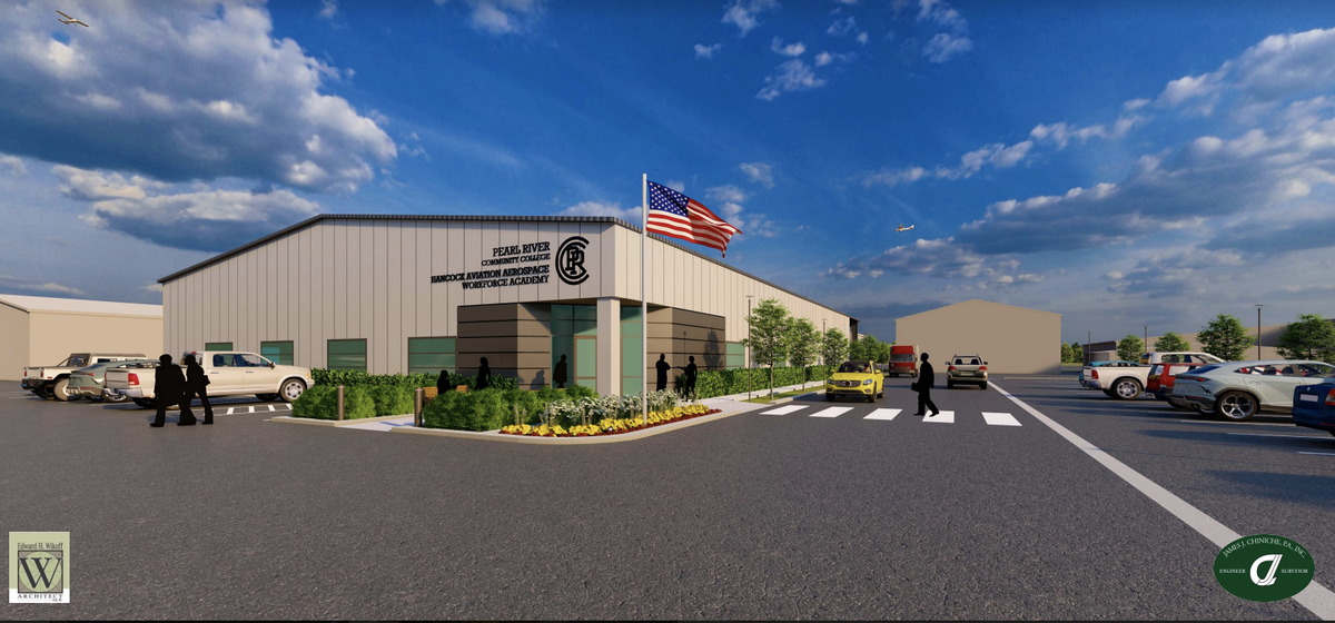 This rendering shows the Pearl River Community College Aviation Aerospace Workforce Academy.