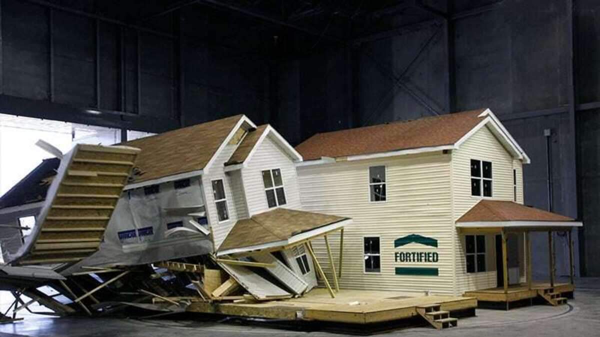 The Insurance Institute for Business & Home Safety has for decades tested construction materials and developed standards for building to withstand severe weather, including hurricanes. Its research center in South Carolina can replicate hurricane-force winds of up to 130 miles per hour. The test pictured here shows how standard construction collapses in high winds, while a FORTIFIED (IBHS trademark) home stands up to the pressure.