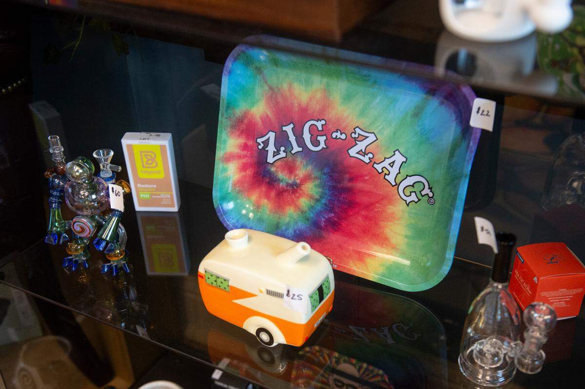 Glass pipes and rolling trays for sale at Bee’s Buds, a medical cannabis dispensary in St. Martin, on Monday, July 8, 2024.