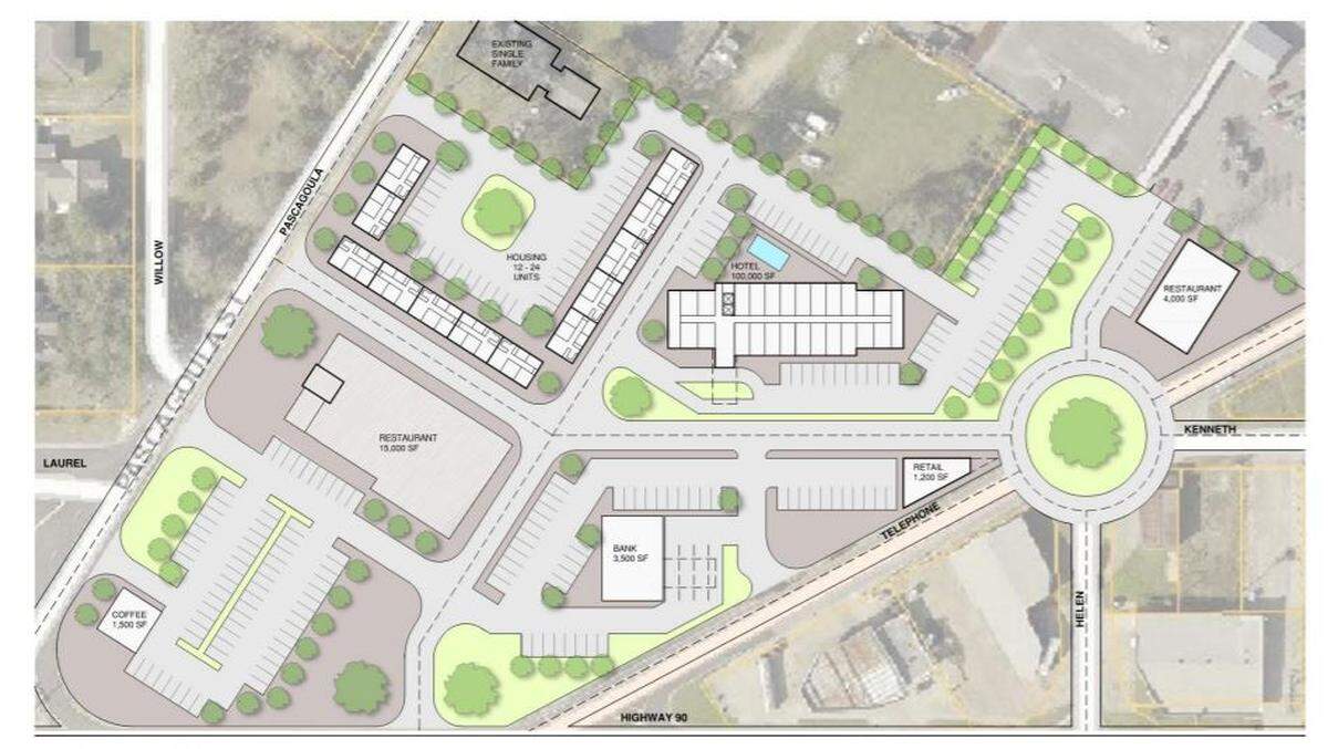 The site plan for Ice and Freezer House mixed use development in downtown Pascagoula shows plans for restaruants, retail, housing, a hotel and bank.