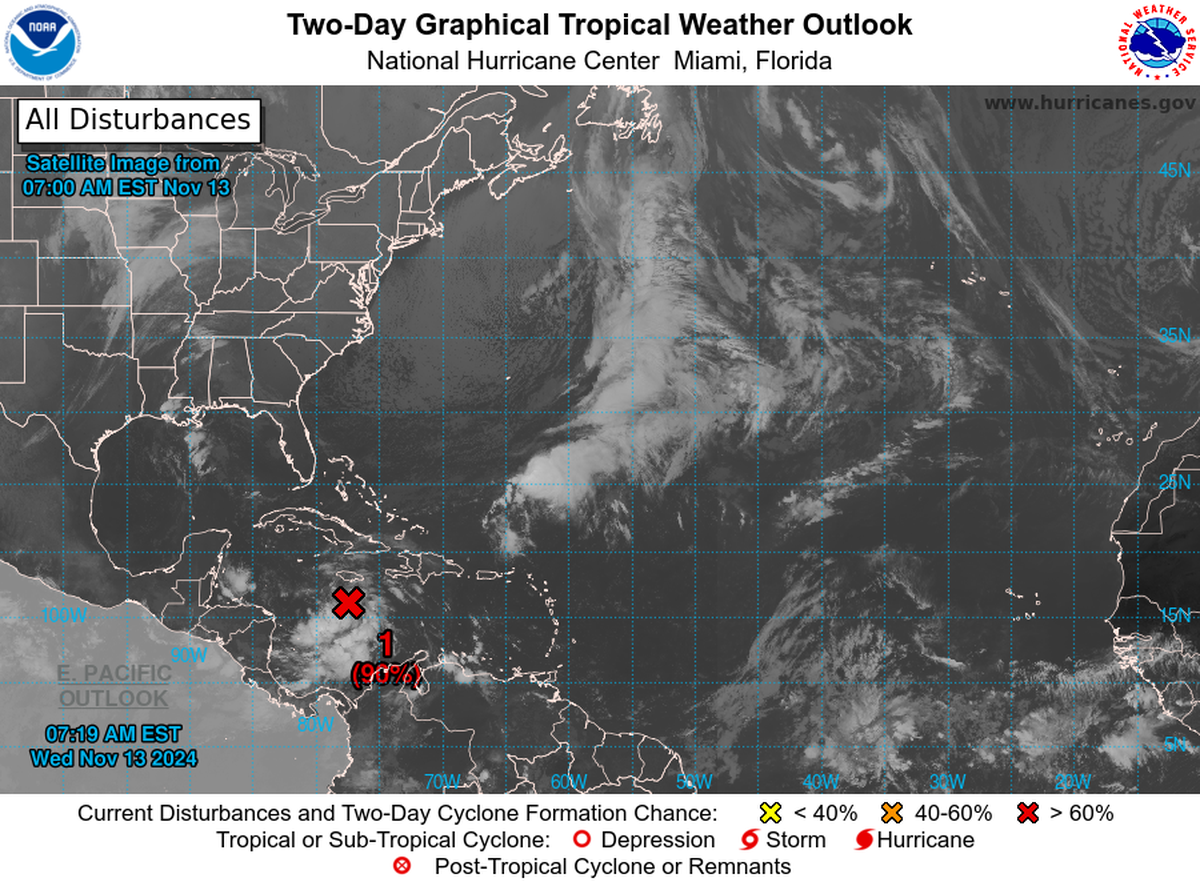 The National Hurricane Center is tracking a disturbance in the Caribbean Sea that has a 90 percent chance of strengthening to a tropical depression this week. 