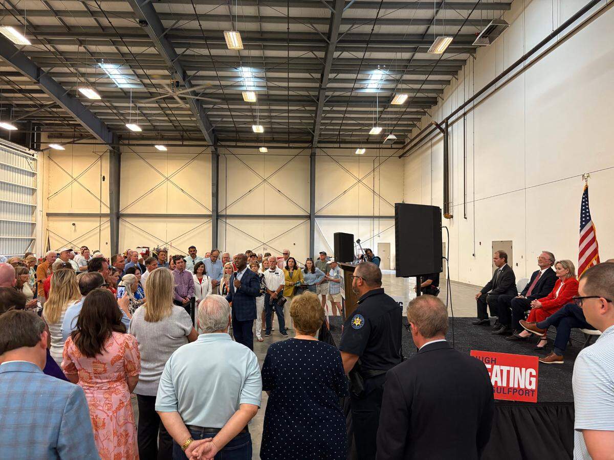 A crowd gathered Friday, May 30, 2025, to hear from officials including Sens. Cindy Hyde-Smith and Tim Scott speak in support of Gulfport mayoral candidate Hugh Keating.