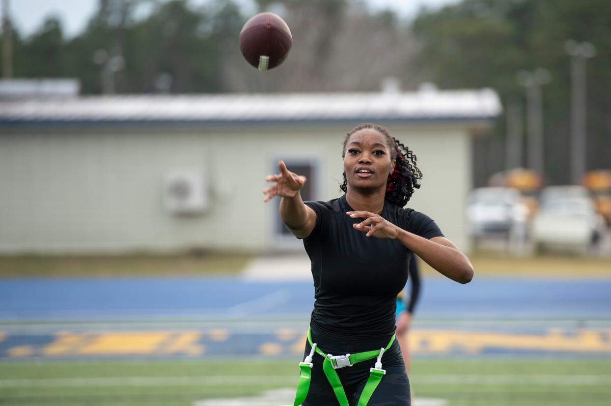 St. Martin High School students try out for the inaugural flag football team at St. Martin High School on Tuesday, Feb. 18, 2025.