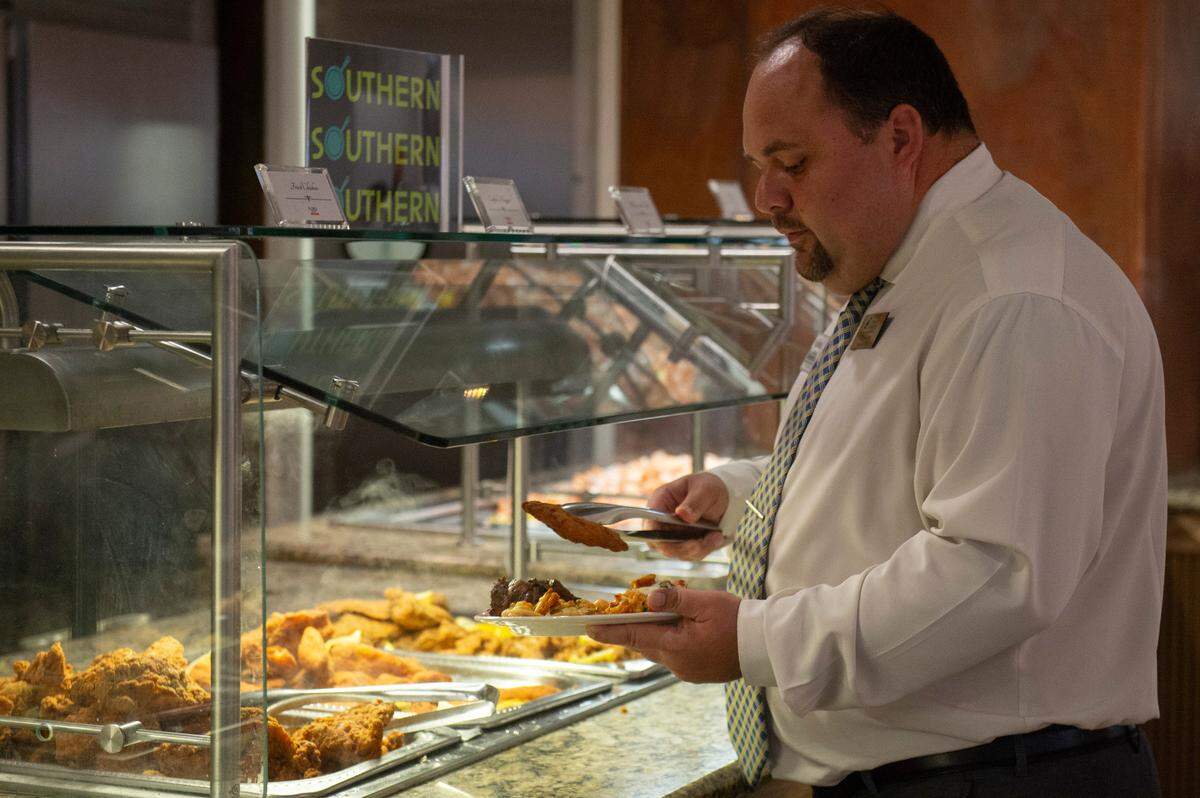 A customer at Boomtown Casino’s new buffet, the Biloxi Bay Buffet, on Thursday, April 3, 2025.