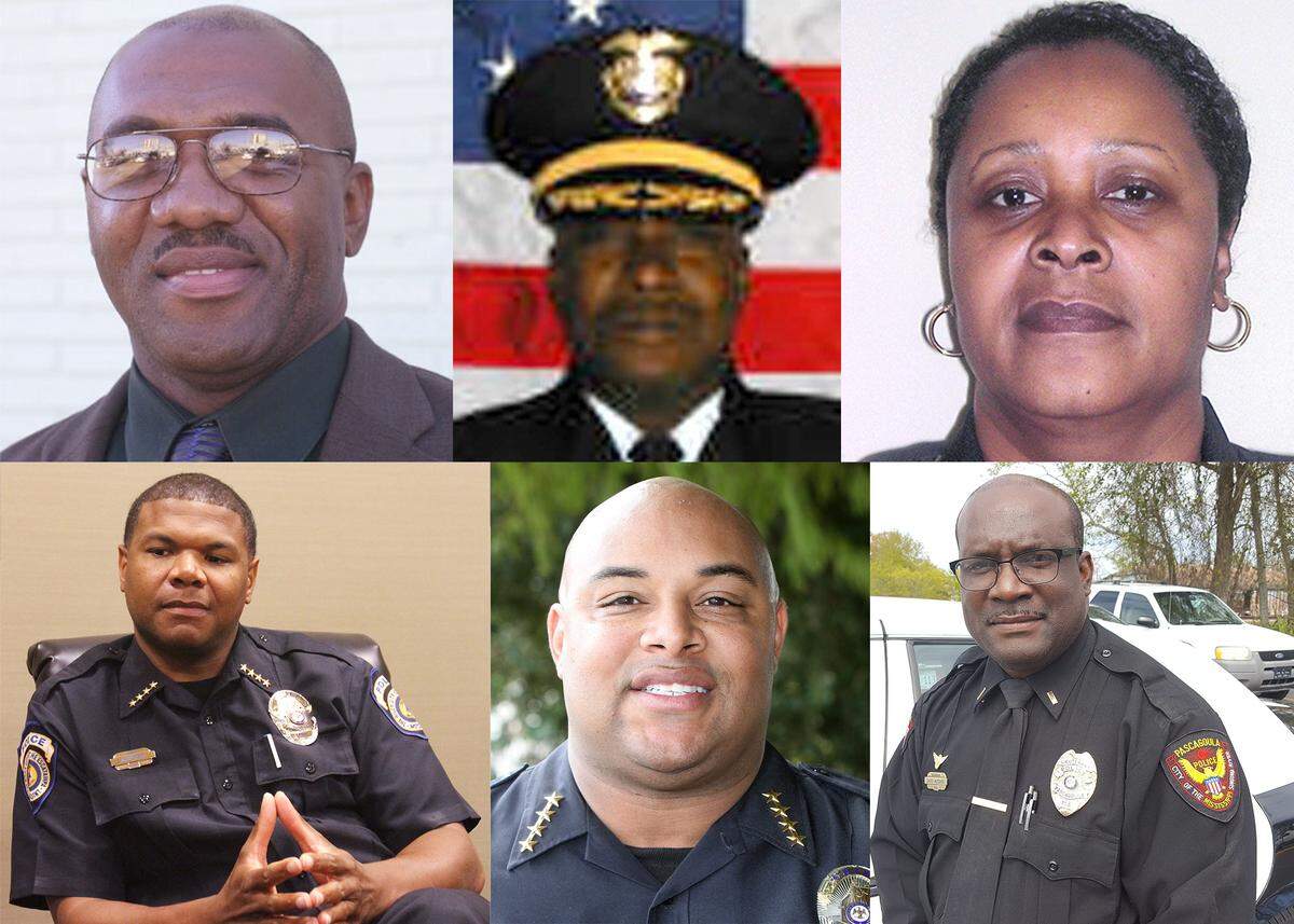 Six of the eight Moss Point police chiefs since 2000, from left to right; Michael Ricks, Demetrius Drakeford, Sheila Smallman, Keith Davis, Art McClung and Calvin Hutchins.