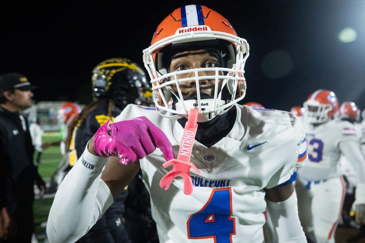Gulfport wide receiver Javious Hales (4) celebrates Friday after the Admirals’ win over D’Iberville.