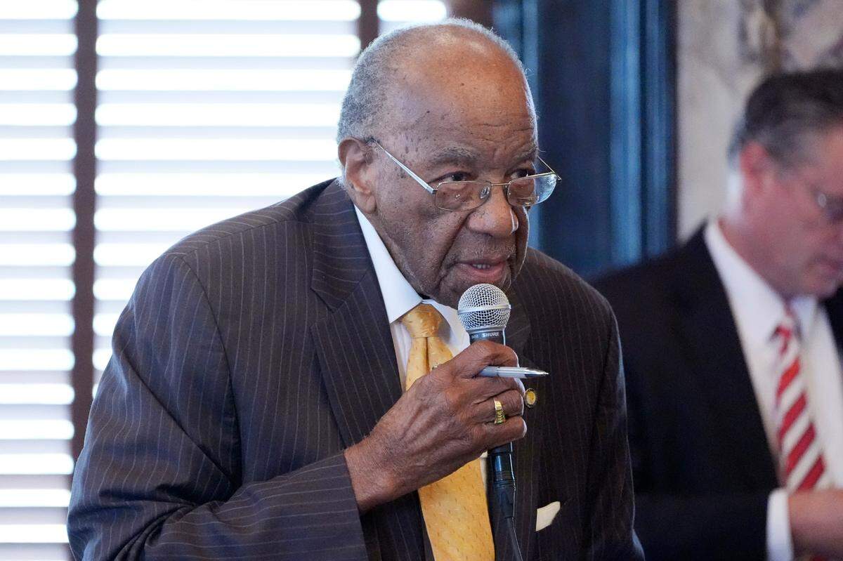 Mississippi State Sen. David Jordan, D-Greenwood, asks a question during the floor debate on legislation that makes changes to the Mississippi Adequate Education Program.