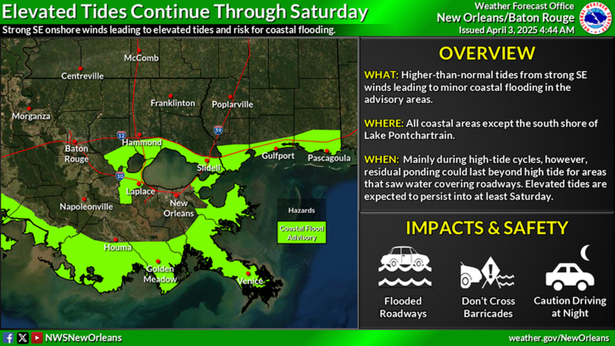 The Mississippi Coast is under a coastal flood advisory until 4 p.m. Saturday.