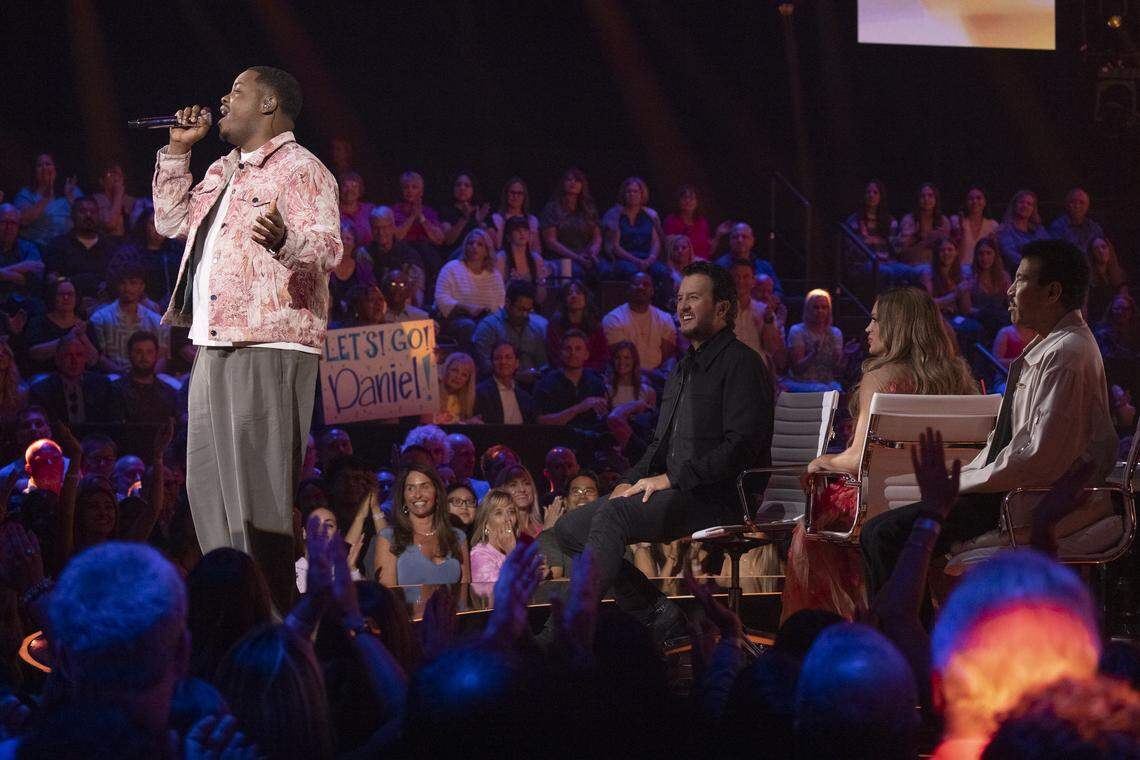 The “American Idol” judges look on Monday, March 30, 2026, as Moss Point’s Daniel Stallworth performs.
