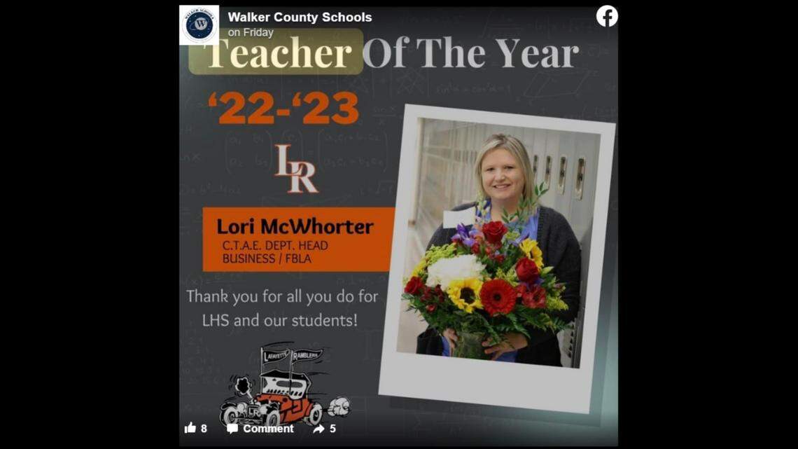 Lori McWhorter, 42, named “Teacher of the Year” for Walker County Schools in Georgia, was killed when another vehicle lost control and crashed into hers, state troopers say.