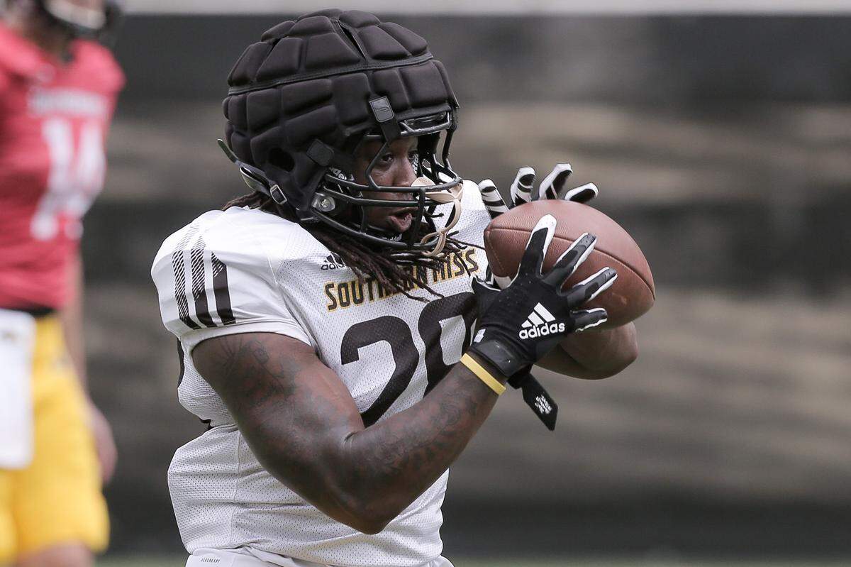 Southern Miss running back Jimmie Haywood (28) catches a pass during the first practice in full pads Saturday, February 27, 2021, at M.M. Roberts Stadium in Hattiesburg.