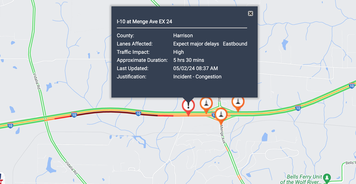 Traffic backed up on Thursday in the eastbound lanes of Interstate 10 in Harrison County while crews closed one lane to work on a new overhead bridge deck.