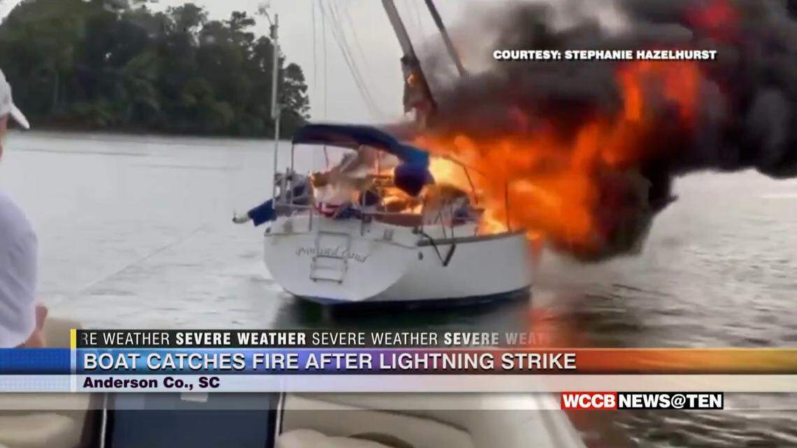 Fire officials in Anderson County, South Carolina, responded to Lake Hartwell on Saturday after lightning struck a boat, causing it to catch fire.  