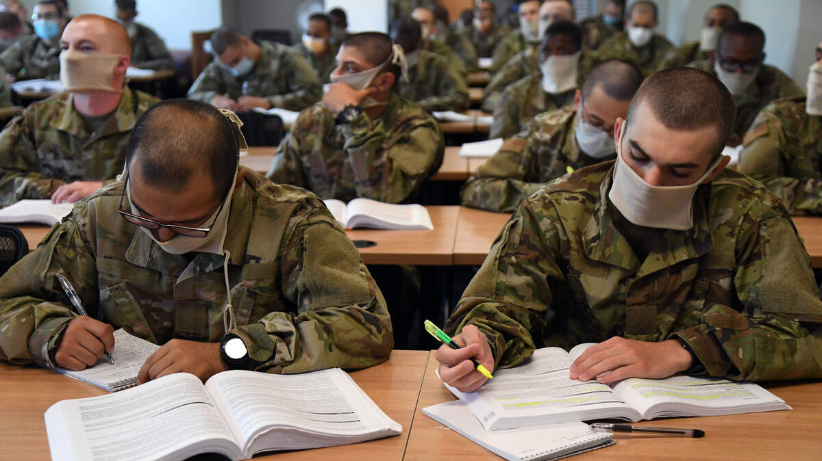 Basic trainees under the 37th Training Wing Detachment 5 participate in academic class work at Keesler Air Force Base in 2020.