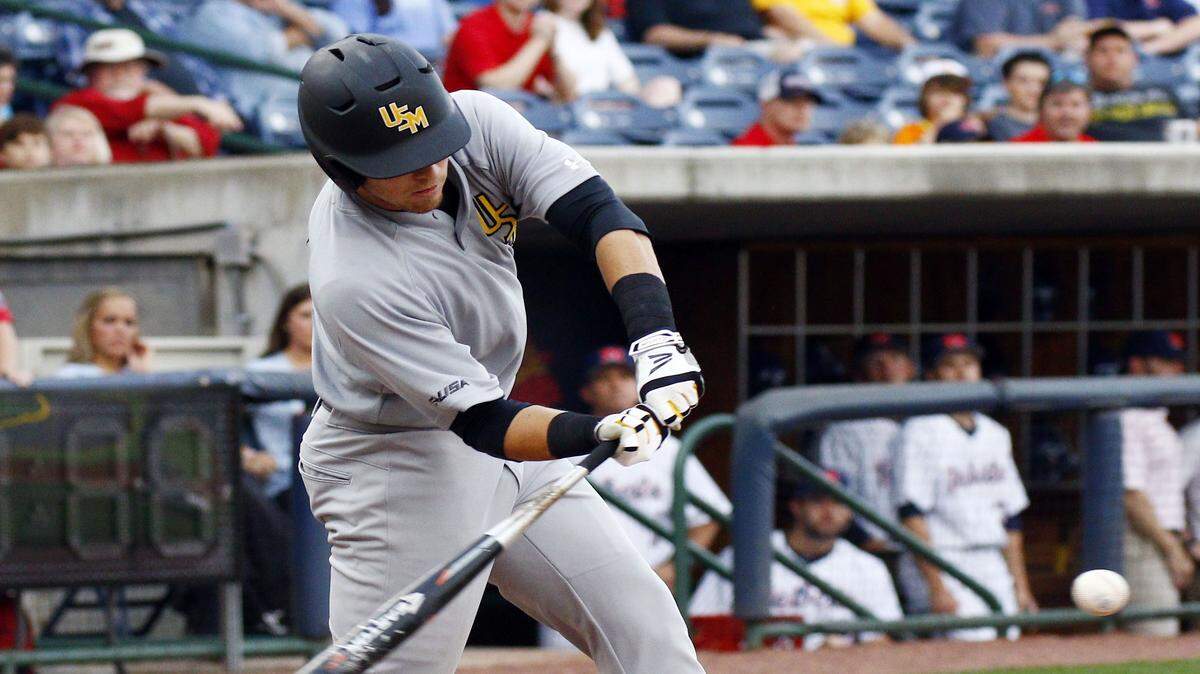 ROGELIO V. SOLIS/ASSOCIATED PRESS 
 Southern Mississippi's Dylan Burdeaux lines out to second base during the first inning of the Mississippi College Series against Mississippi at Trustmark Park in Pearl on April 7. Burdeaux helped lift the Golden Eagles to a lopsided series sweep of visiting UTSA on Saturday.