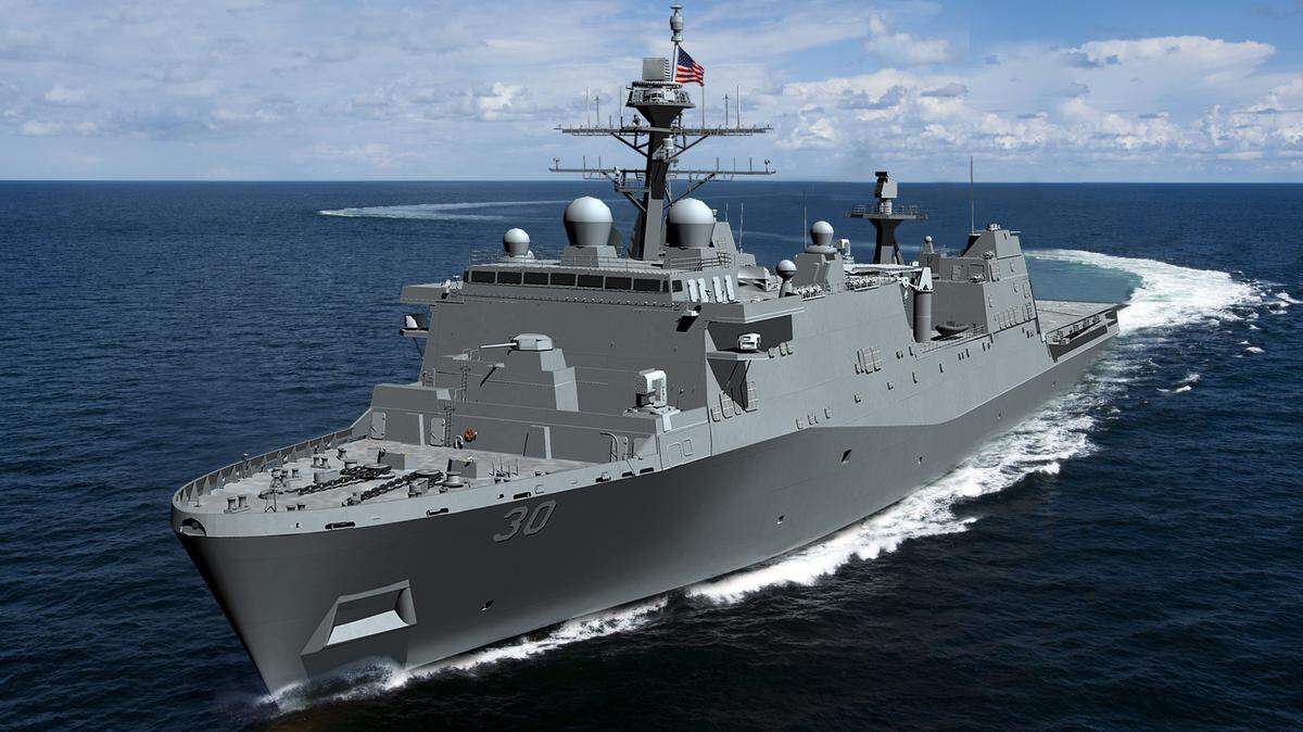 This rendering from Huntington Ingalls Industries shows an LPD 30. Ingalls Shipbuilding division has received a $165.5 million contract to provide long-lead-time material and advance construction activities for LPD 30, the first Flight II LPD.