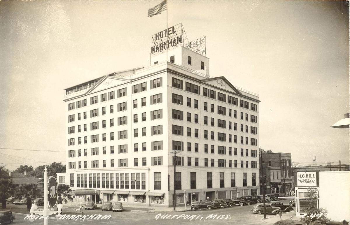 Past: Built by Charles Markham and opened in 1927, the Markham Hotel became the hub for business travelers and special events in Gulfport. Featuring a pool, a rooftop garden, and a cafe, it was one of the most popular spots in the city. After several decades of failing businesses and several more of being abandoned, the Hotel fell into disrepair and was badly damaged during Hurricane Katrina. It now is being restored. This photo was dated 1944.