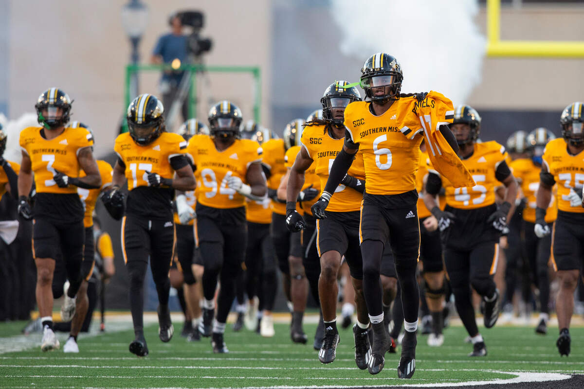 Southern Miss Golden Eagles wide receiver Javieon Butler (6) runs onto the field before a game between Southern Miss and Arkansas State at M.M. Roberts Stadium in Hattiesburg on Saturday, Oct. 19, 2024.