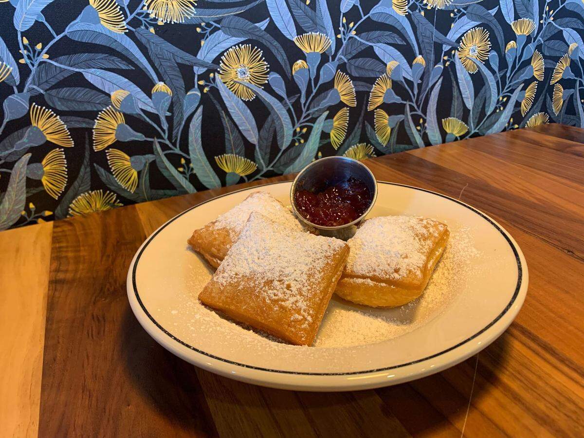 The beignets and strawberry jam at Sleepy Bear Food and Drink in Wiggins, Mississippi.
