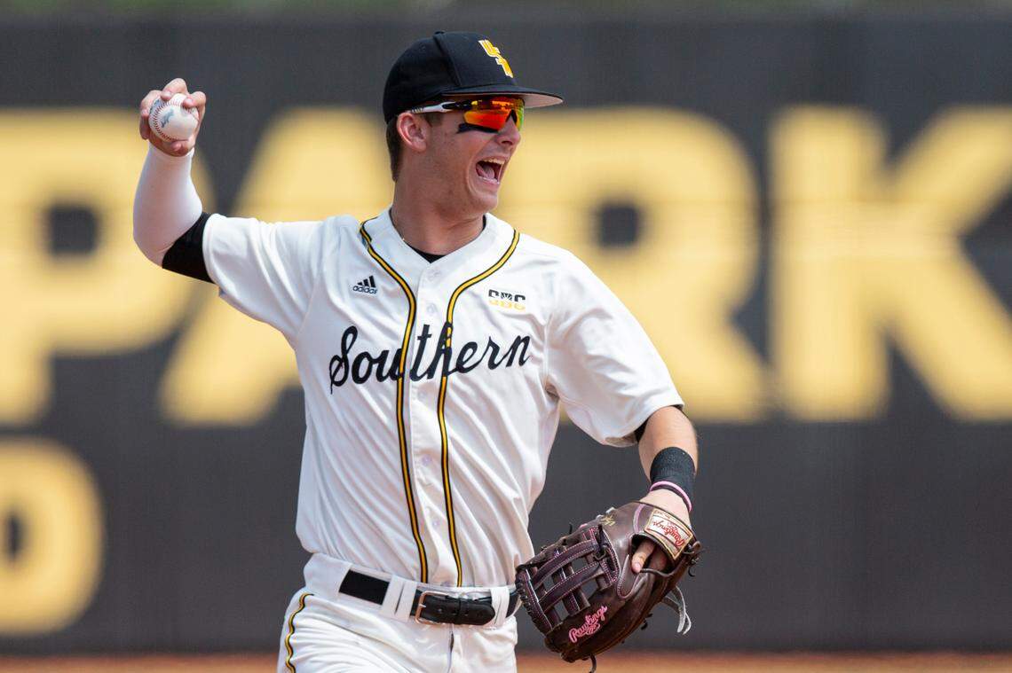Southern Miss’ Dustin Dickerson throws a ball in from the outfield during the first game of a double header against Georgia Southern at Pete Taylor Park on Saturday, March 25, 2023.