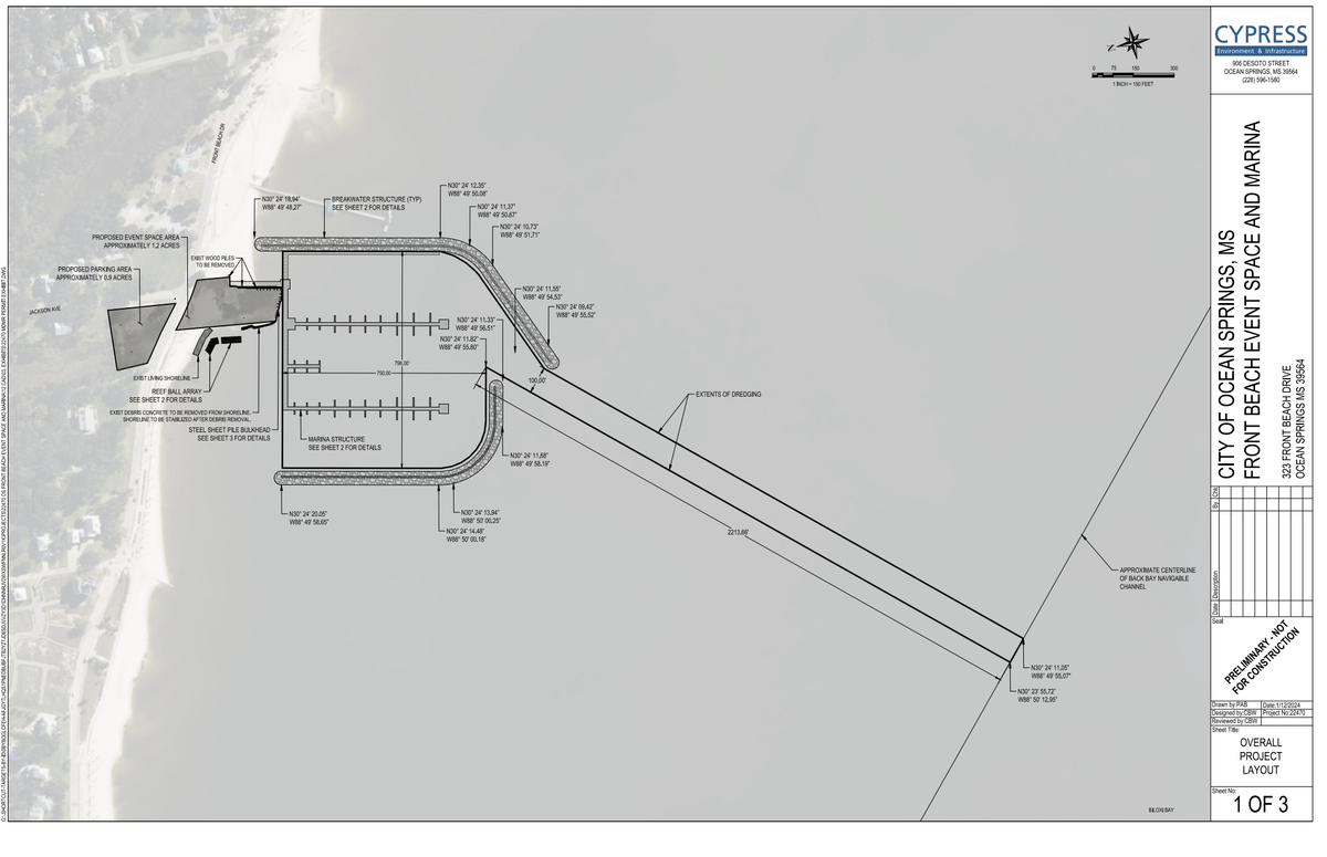 This rendering shows the layout and location for a marina and event space on Front Beach in Ocean Springs, MS.