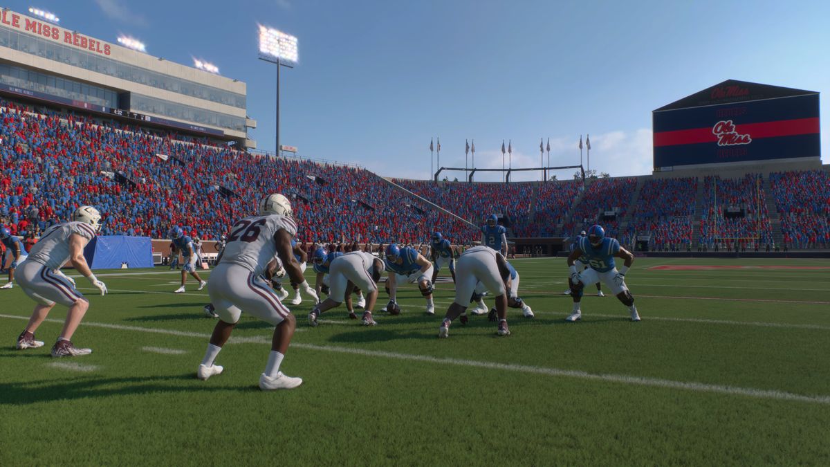 Screen grab from EA Sports College Football 25 shows Mississippi State and Ole Miss lining up in the Egg Bowl.