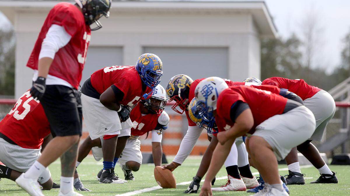 AMANDA McCOY/SUN HERALD 
 Members of the south team practice at Harrison Central for the Bernard Blackwell All-Star Classic on Thursday, December 17, 2015. The game will be held on Saturday at Milner Stadium in Gulfport.