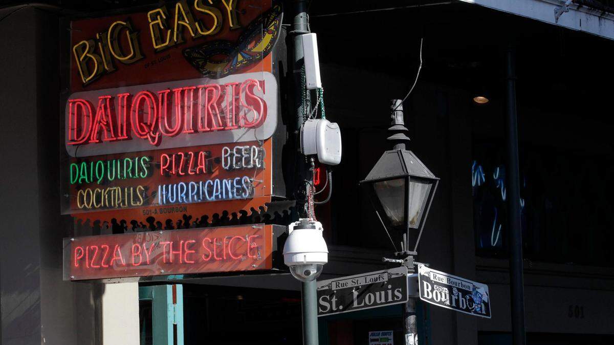 A surveillance camera is seen overlooking the intersection of Bourbon St. and St. Louis St. in the French Quarter section of New Orleans, where eight people were shot in New Orleans, Tuesday, Nov. 1, 2011.