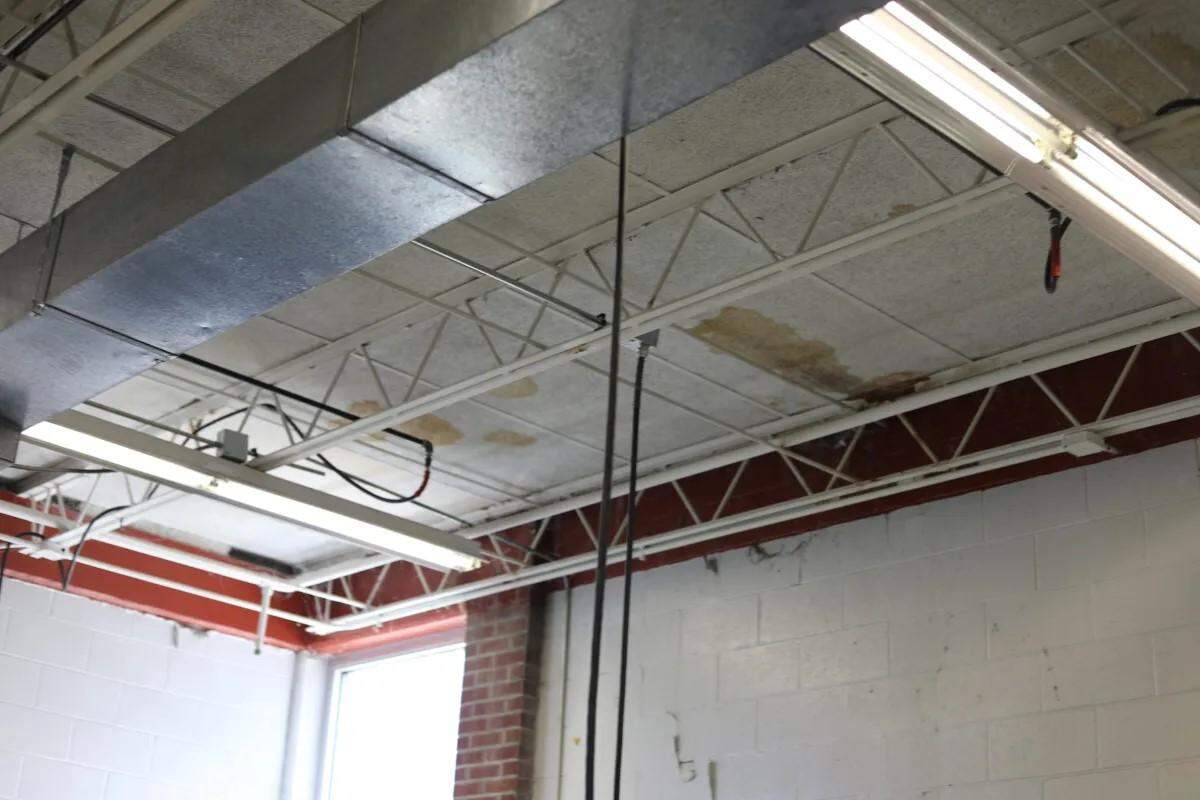 Water damage is seen on the ceiling in Brian Warren’s classroom last month.