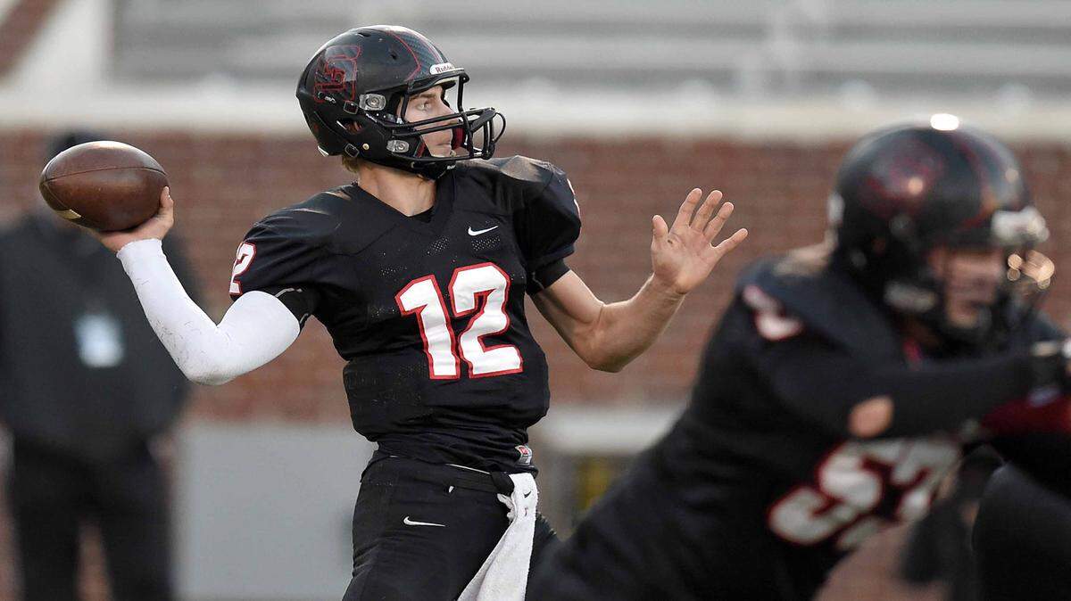 CHRIS TODD/SPECIAL TO THE SUN HERALD 
 St. Stanislaus quarterback Myles Brennan (12) throws deep against Noxubee County on Saturday, December 5, 2015, in the MHSAA Class 4A State Football Championship in Vaught-Hemmingway Stadium on the Ole Miss campus in Oxford, Miss.