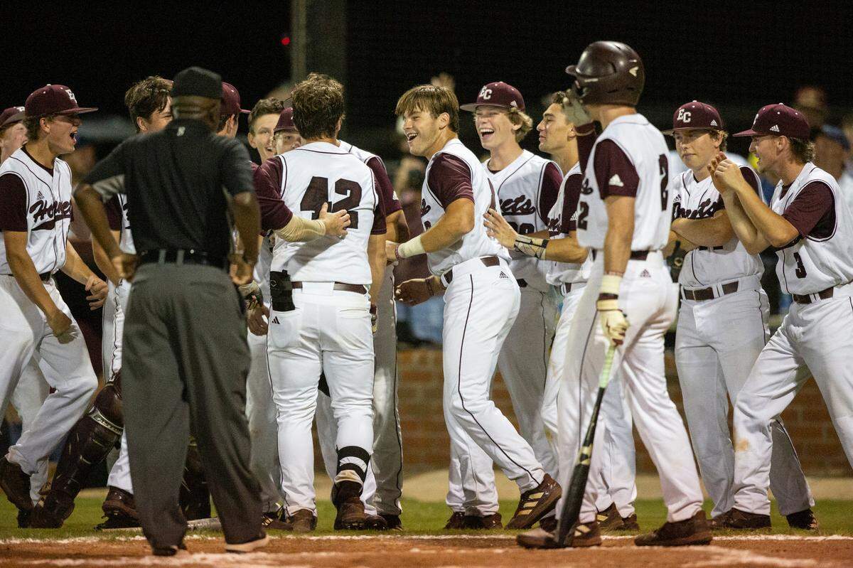 East Central celebrates as Nate Trochessett scores a home run in the 5A South State championship game at East Central High School in Hurley on Tuesday, May 23, 2023.