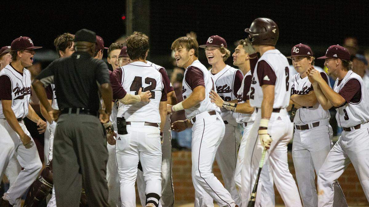 East Central celebrates as Nate Trochessett scores a home run in the 5A South State championship game at East Central High School in Hurley on Tuesday, May 23, 2023.