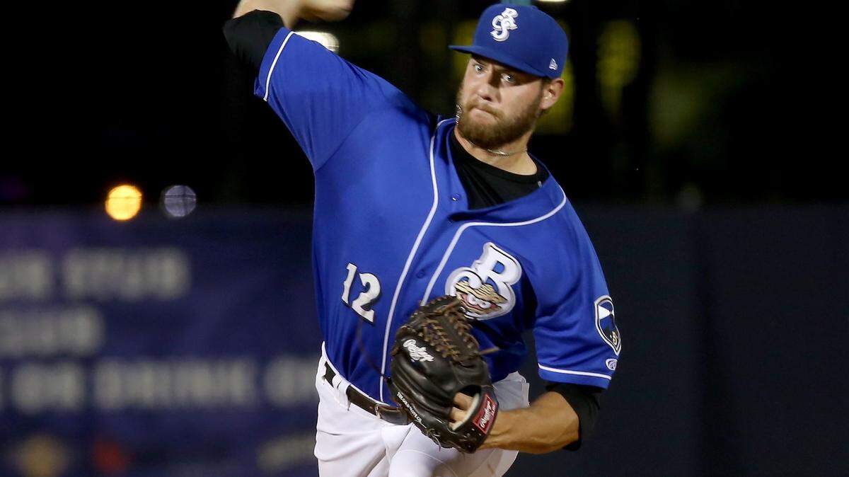 AMANDA McCOY/SUN HERALD 
 Shuckers' Adrian Houser allowed only three baserunners in five innings, but didn't get the decision in a 2-0 victory over Mobile on Saturday.