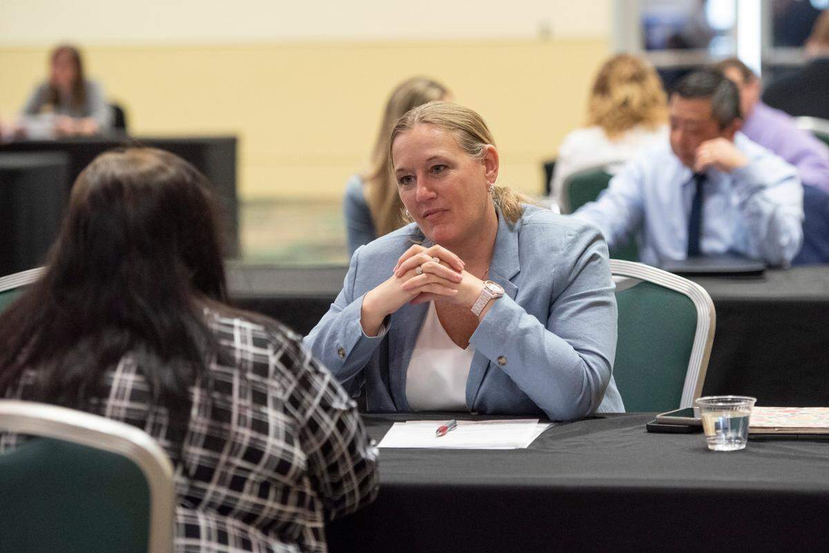 A job applicant is interviewed during a Buc-ee’s hiring fair at the Mississippi Coast Coliseum on Wednesday, April 2, 2025.