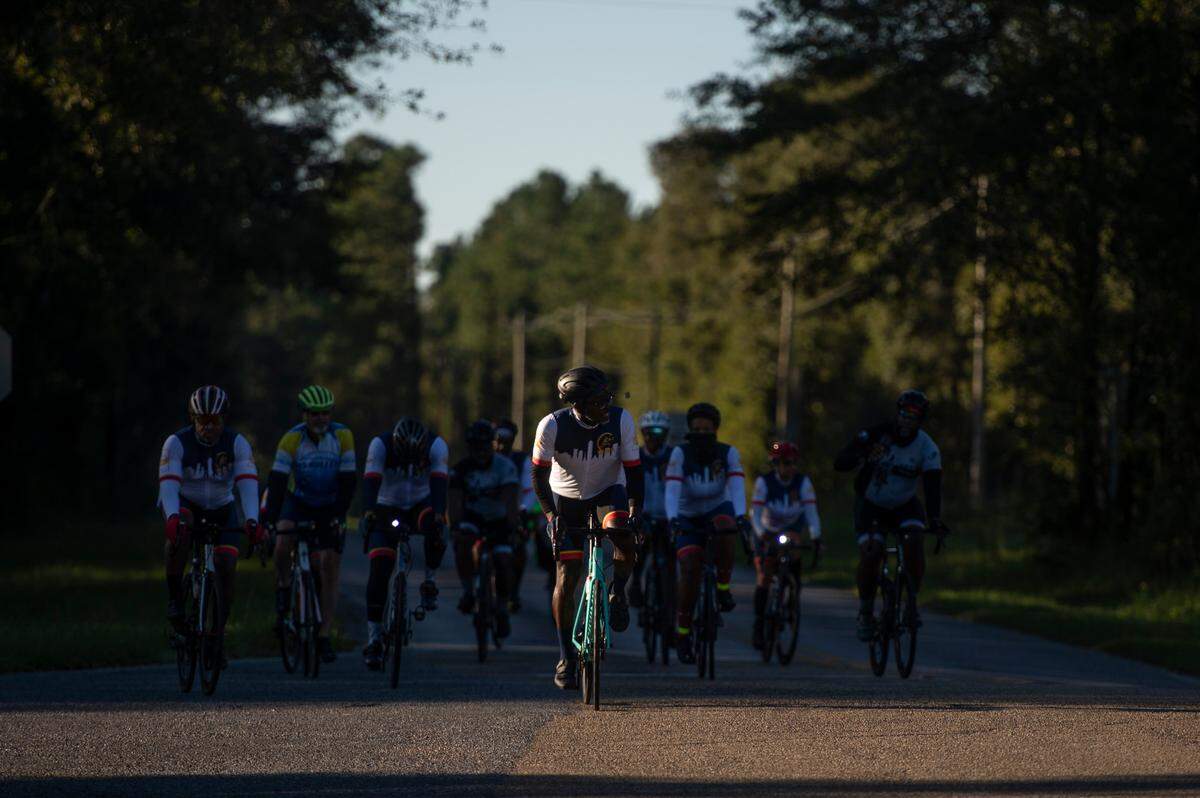 Arree Williams, president of Soul City Cycling, leads a pack of cyclists during a ride in Woolmarket on Saturday, Sept. 25, 2021.