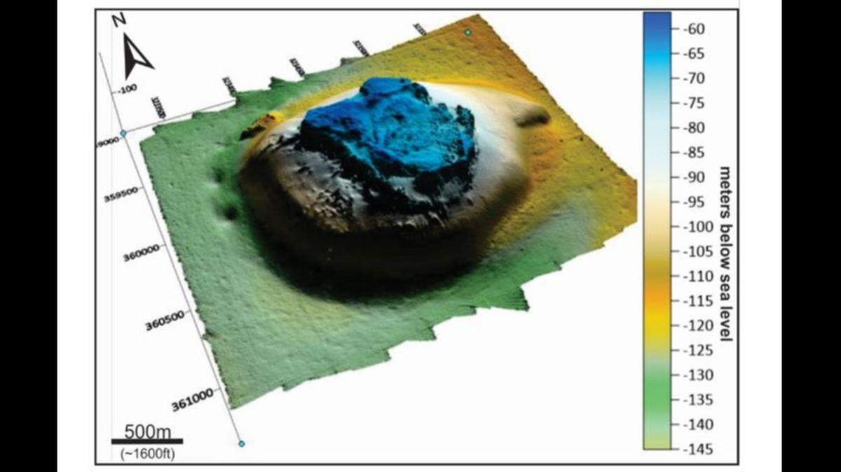 A 3D image of the Mountain Top Bank reef show two pockmarks (circular depression of the seafloor) which as features associated with gas, usually methane, escaping from the subsurface.