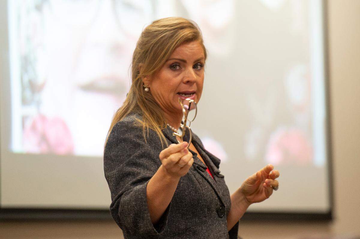 District Attorney Angel Myers McIlrath speaks during the sentencing of Joseph Leo Nangle in Jackson County Circuit Court on Tuesday, Oct. 22, 2024. Nangle was sentenced to 50 years, with 45 to serve, in the DUI deaths of Mary “Julie” Kelley and Elizabeth “Lisa” Kelley Conners.
