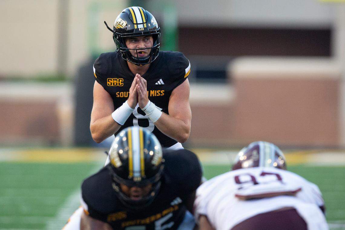 Southern Miss Golden Eagles quarterback Billy Wiles (8) prepares for the snap during a game against Texas State at M.M. Roberts Stadium in Hattiesburg on Saturday, Sept. 30, 2023.