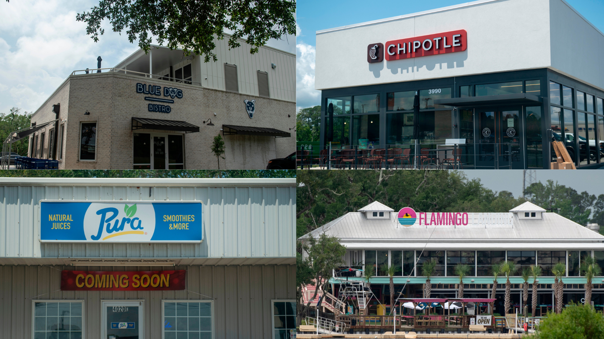 More than 40 new restaurants opened across South Mississippi from January through May 2023, with dozens more opening later that year. Pictured are Blue Dog Bistro in Gulfport, Chipotle in D’Iberville, Pura Smoothies & More and Flamingo Landing in Gulfport.