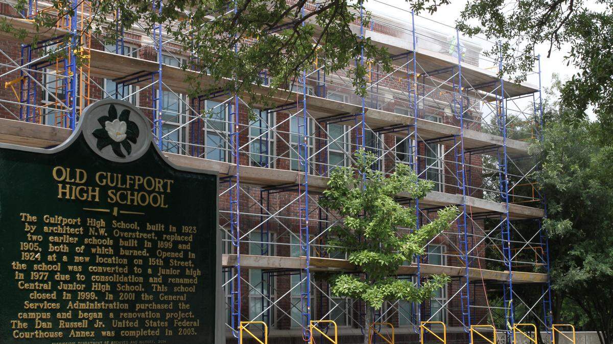 ANITA LEE/SUN HERALDThe General Services Administration has contracted for $1.1 million in facade and roof work to the historic federal office building on 15th Street, which housed Gulfport High School when it opened in 1924. The federal courthouse sits next door. The historic marker was added in 2014.