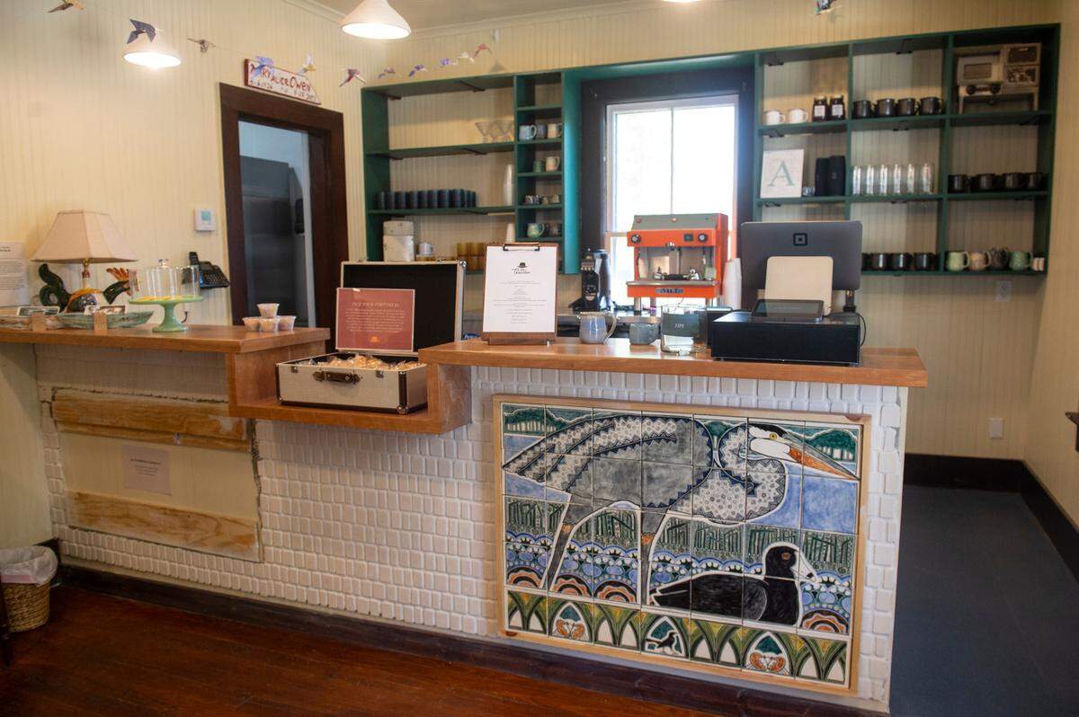 The restaurant counter at The Traveler, a new extension to the Walter Anderson Museum of Art, in Ocean Springs on Wednesday, April 16, 2025. The tiles on the counter were made by Adele Lawton, daughter of Mac Anderson, who was Walter Anderson’s brother.