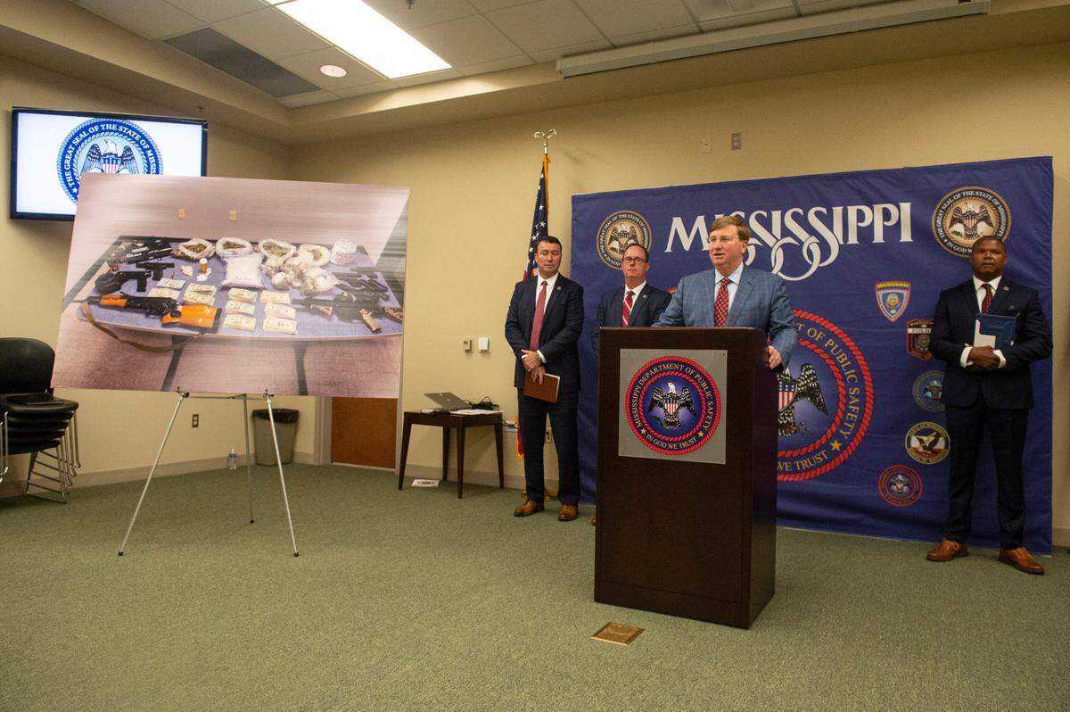 Mississippi Gov. Tate Reeves speaks to the press during a press conference on drug crime at Mississippi Bureau of Investigation offices in Biloxi on Wednesday, May 11, 2022.