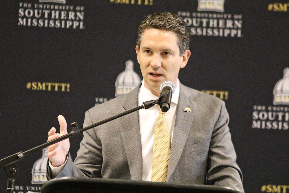 New Southern Miss athletic director Jeremy McClain speaks to fans on Monday, April 8, 2019, during his introductory press conference in Hattiesburg.