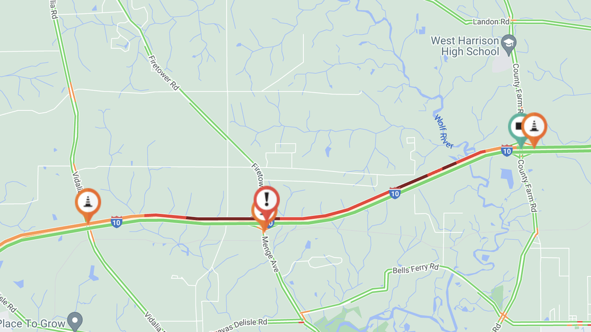 An MDOT traffic map shows backups Friday on Interstate 10 in Harrison County.