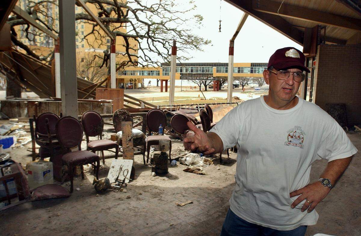 Bill Vrazel, owner of Vrazel’s Fine Food Restaurant in Gulfport, stands in what is left of the dining room at his business on U.S. 90 in Gulfport. Vrazel had several cargo containers from the Mississippi State Port wash up and into his building from the wind-driven storm surge of Hurricane Katrina. Katrina made landfall on the Mississippi Gulf Coast on Monday, Aug. 29, 2005.